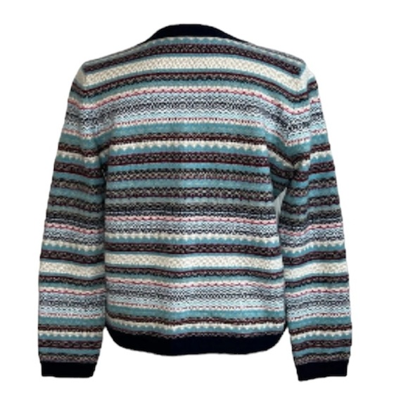 Talbots Fair Isle Stripe Knit Cardigan Sweater Blue Red Nylon Lambswool Buttons - Picture 6 of 11